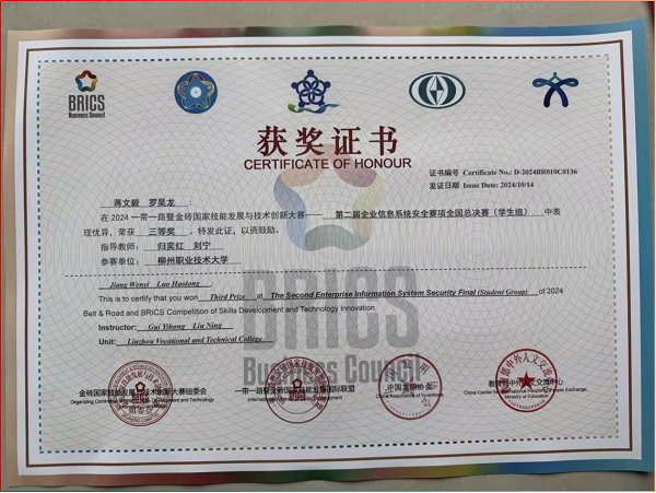2024“一带一路暨金砖国家技能发展与技术创新大赛-第二届企业信息系统安全赛项全国总决赛三等奖